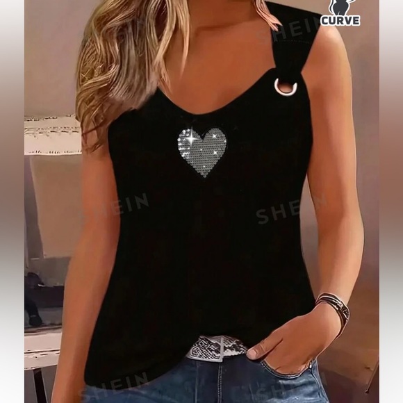 Black Silver Sequin Heart Tank Top w/ Silver Grommets on Shoulders!!! - Picture 1 of 6